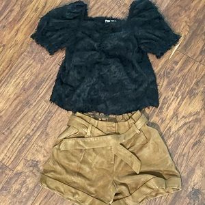 Zara brown suede shorts with belt & black blouse